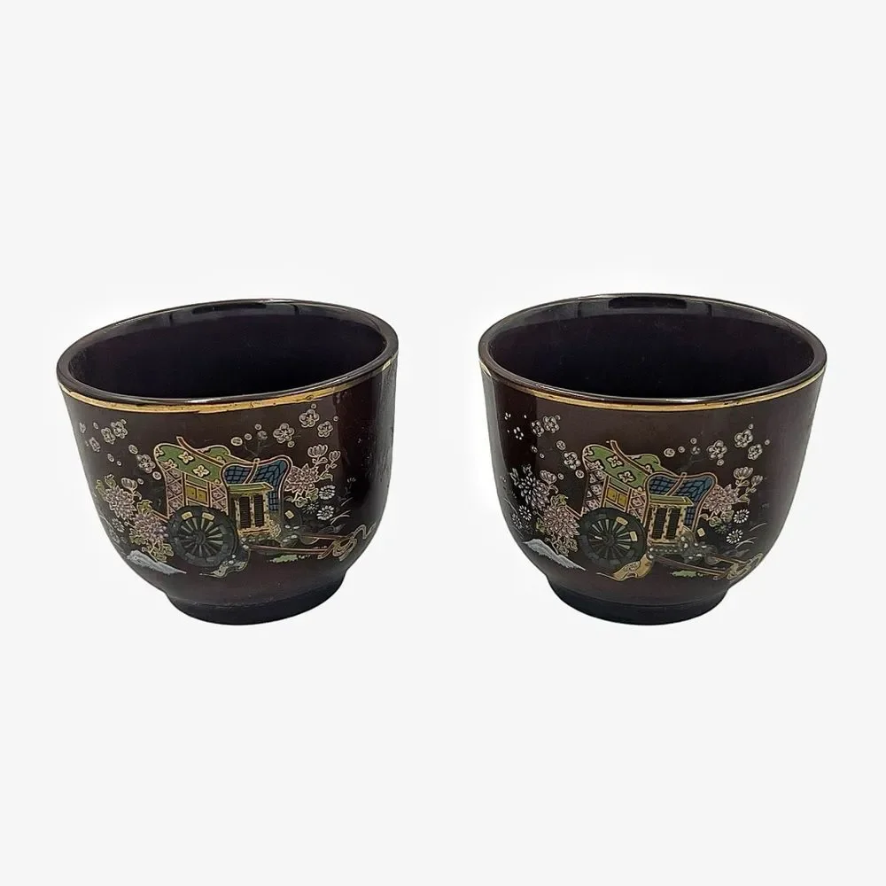 Otagiri Japanese Tea Cups Set of 2 Brown Gold Floral Cart Design Vintage Retro